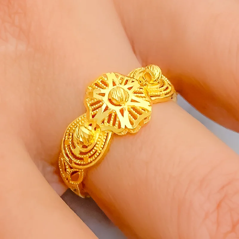 Women’s emerald rings-Ethereal Lovely Striped Flower 22k Gold Ring