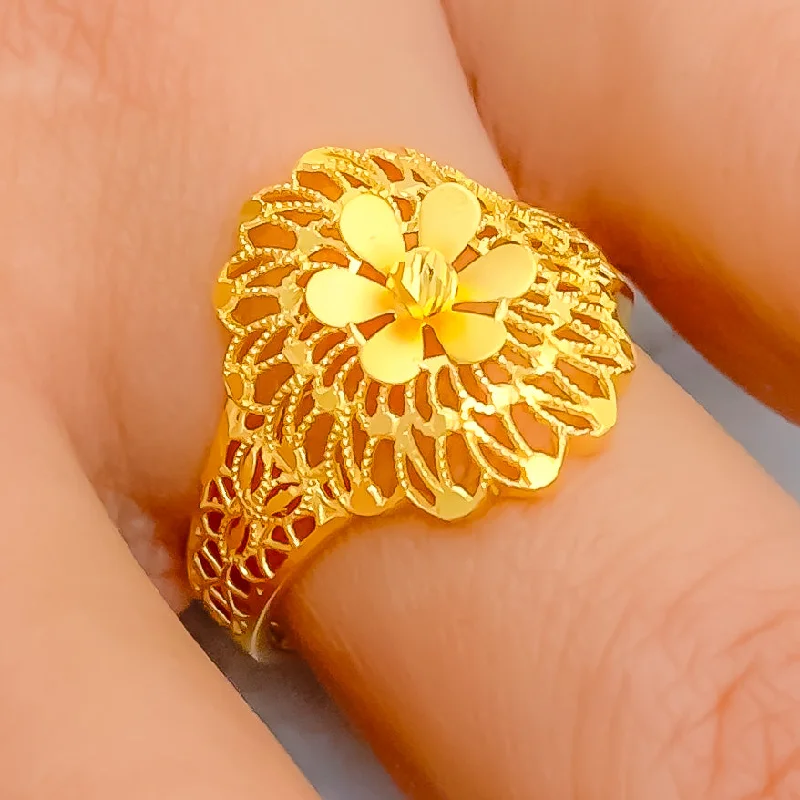 Women’s heart-shaped rings-Ornate Floral Filigree 22k Gold Ring