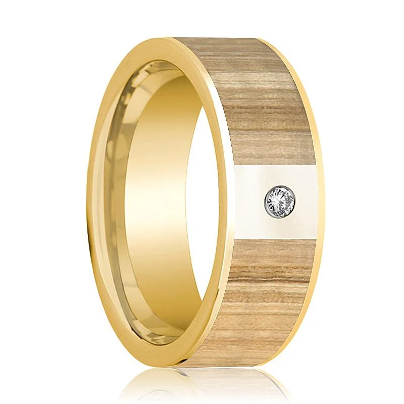 Women’s oval engagement rings-Men's 14k Yellow Gold Wedding Band with Ash Wood Inlay and Diamond - 8MM