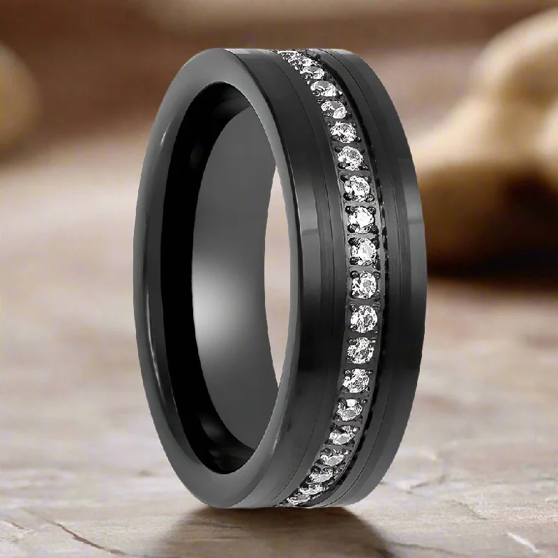 Women’s engagement rings with gold bands-MAJESTIC | Black Tungsten Ring, Diamond Stimulant CZ Eternity, Flat