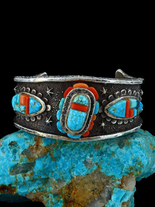 Women’s adjustable bangles-Estate Native American Sterling Silver Inlay Turquoise and Coral Bracelet