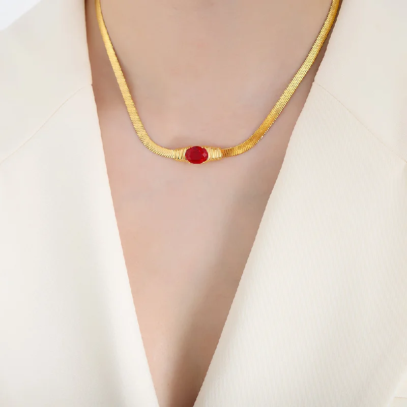 P1496-Gold Red Glass Stone Necklace-41+5cm