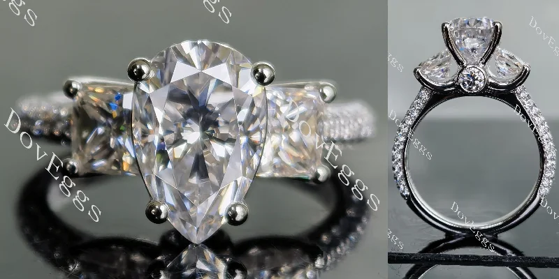 Women’s halo set engagement rings-Doveggs pear pave three stones moissanite engagement ring