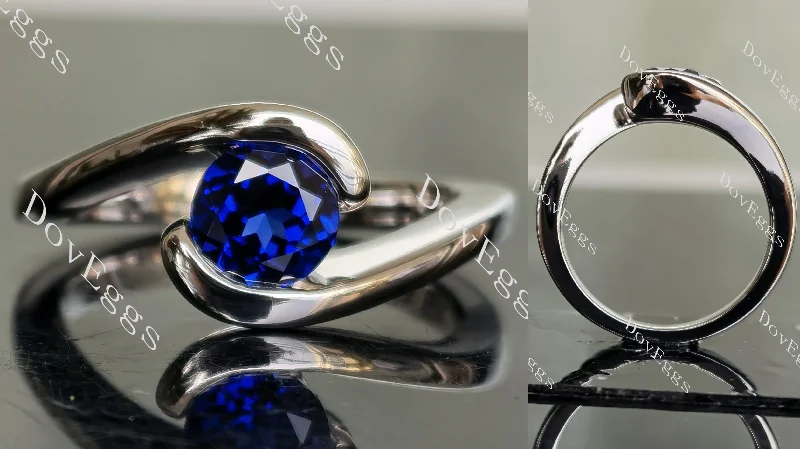 Women’s elegant solitaire engagement rings-Ocean Wave round solitaire intense royal blue sapphire colored gem engagement ring