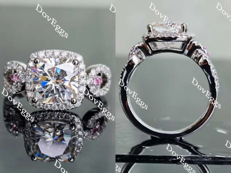 Women’s non-traditional engagement rings-Doveggs cushion split shank halo pave moissanite and birthstone engagement ring