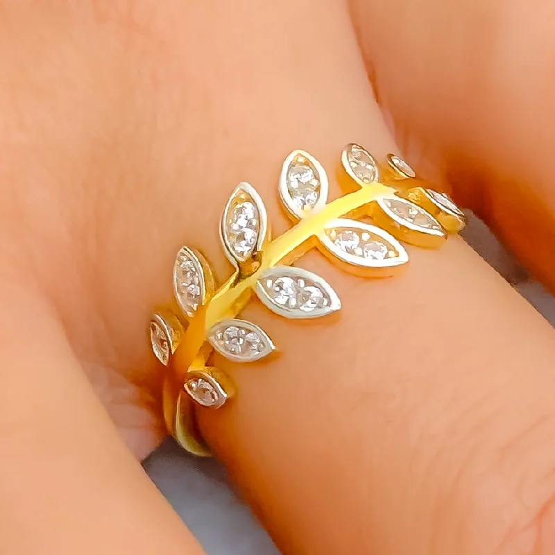 Women’s stackable wedding rings-Lovely Leaf 21k Gold CZ Ring