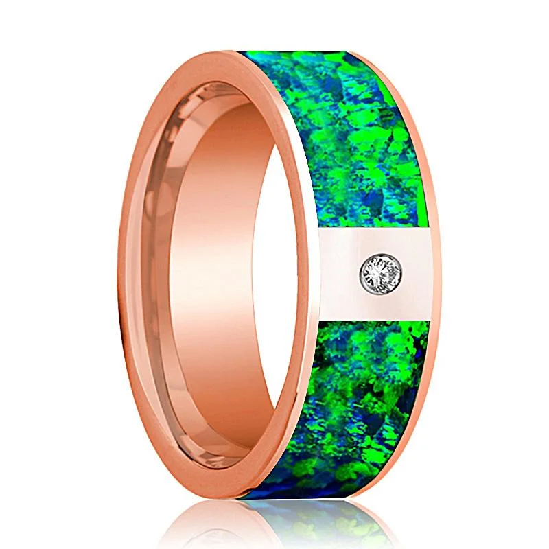 Women’s luxury engagement rings-Flat Polished 14k Rose Gold and Diamond Men's Wedding Band with Emerald Green and Sapphire Blue Opal Inlay - 8MM