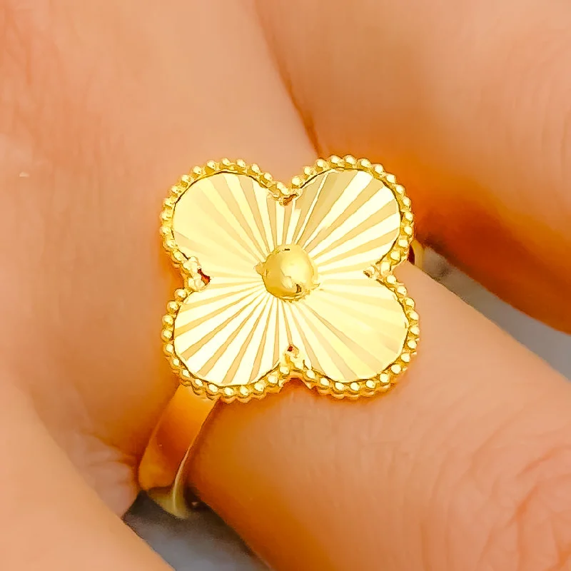 Unique rings for women-Dazzling Striped 21k Gold Clover Ring