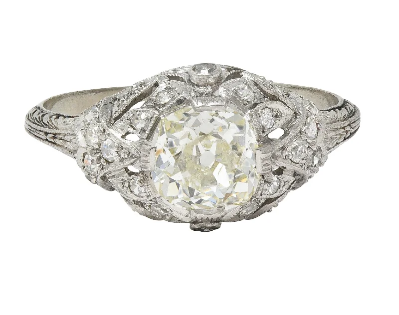 Women’s solitaire engagement rings-Art Deco 1.76 CTW Old Mine Diamond Platinum Foliate Bombé Vintage Engagement Ring