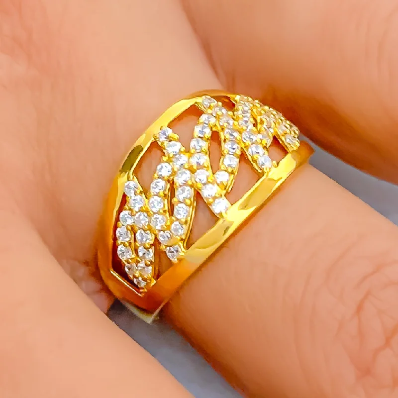 Women’s designer engagement rings-Ornate Open Leaf 22k Gold CZ Ring