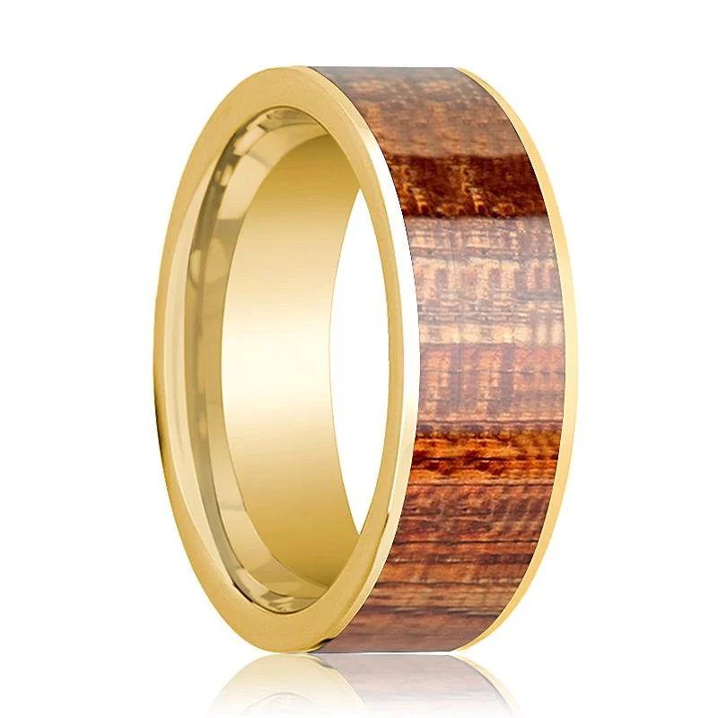 Women’s gemstone engagement rings-Men's Engagement Ring Polished 14k Yellow Gold Flat Wedding Band with Mahogany Wood Inlay