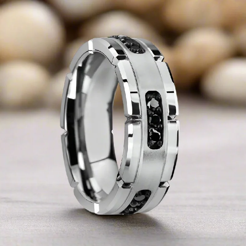 Women’s high-end engagement rings-VALOR | Silver Tungsten Ring, Silver Inlay & Black Diamonds