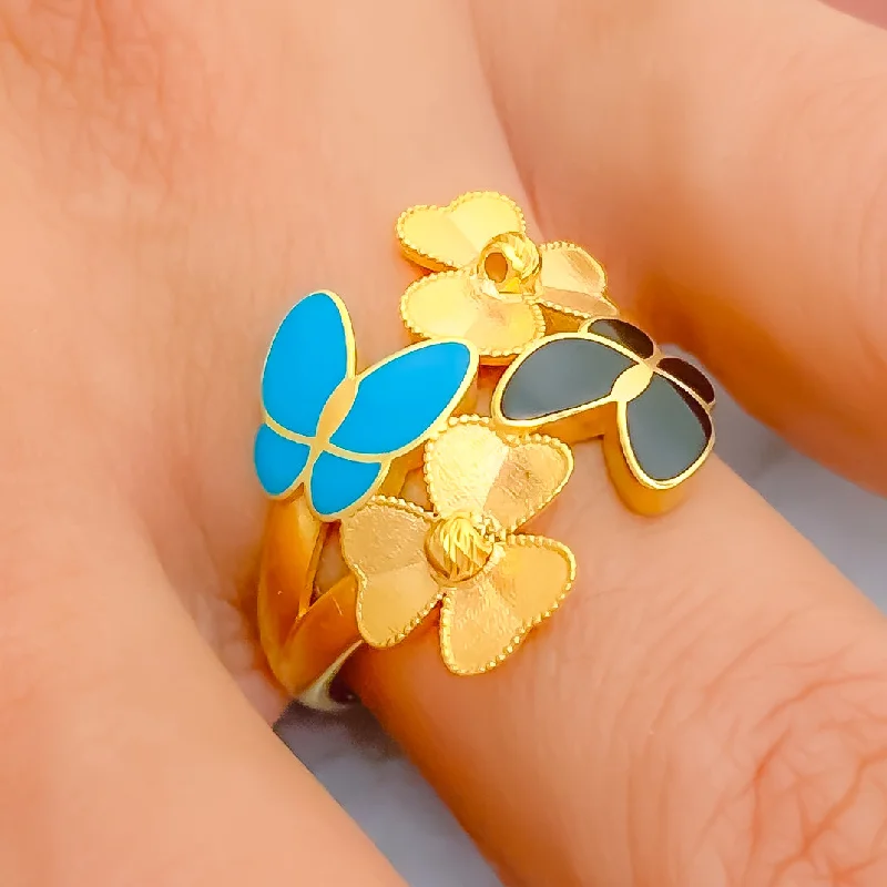 Women’s handmade gemstone rings-Decorative Floral 21k Gold Enameled Ring