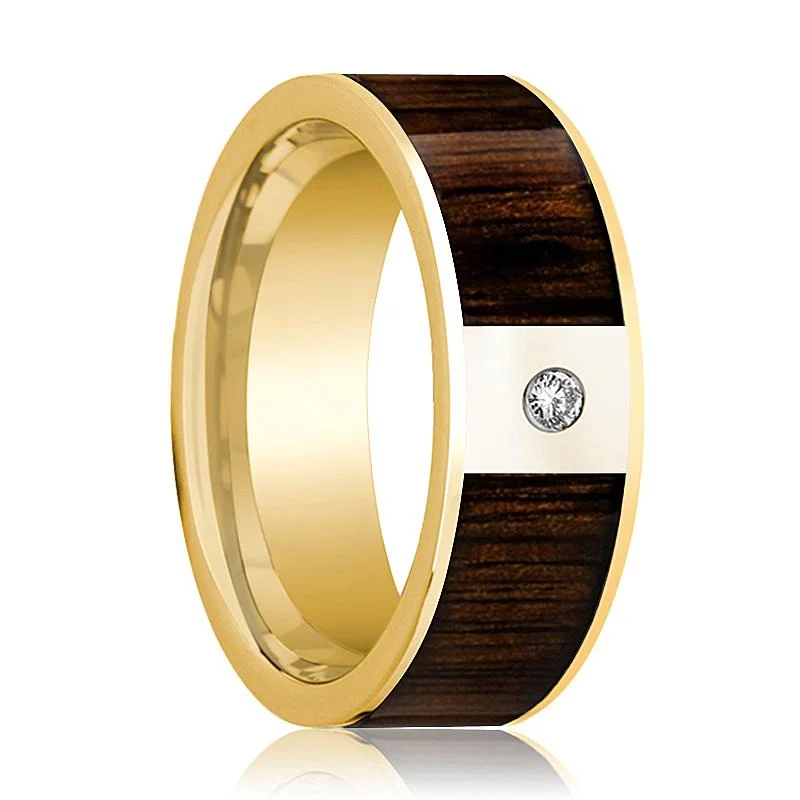 Women’s emerald-cut engagement rings-Men's 14k Yellow Gold & Diamond Flat Wedding Band with Black Walnut Inlay - 8MM