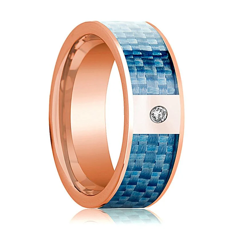 Women’s vintage engagement rings-Men's 14k Rose Gold and Diamond Wedding Band with Blue Carbon Fiber Inlay Polished Design - 8MM