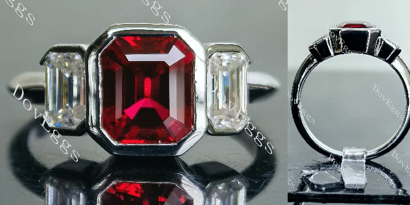 Women’s unique design engagement rings-Doveggs Elizabeth Taylor Krupp cut three stone bezel colored gem engagement ring