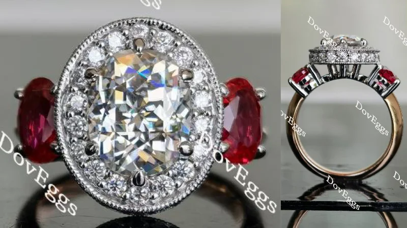 Women’s non-diamond engagement rings-DovEggs oval vintage three-stone halo moissanite & colored gem engagement ring