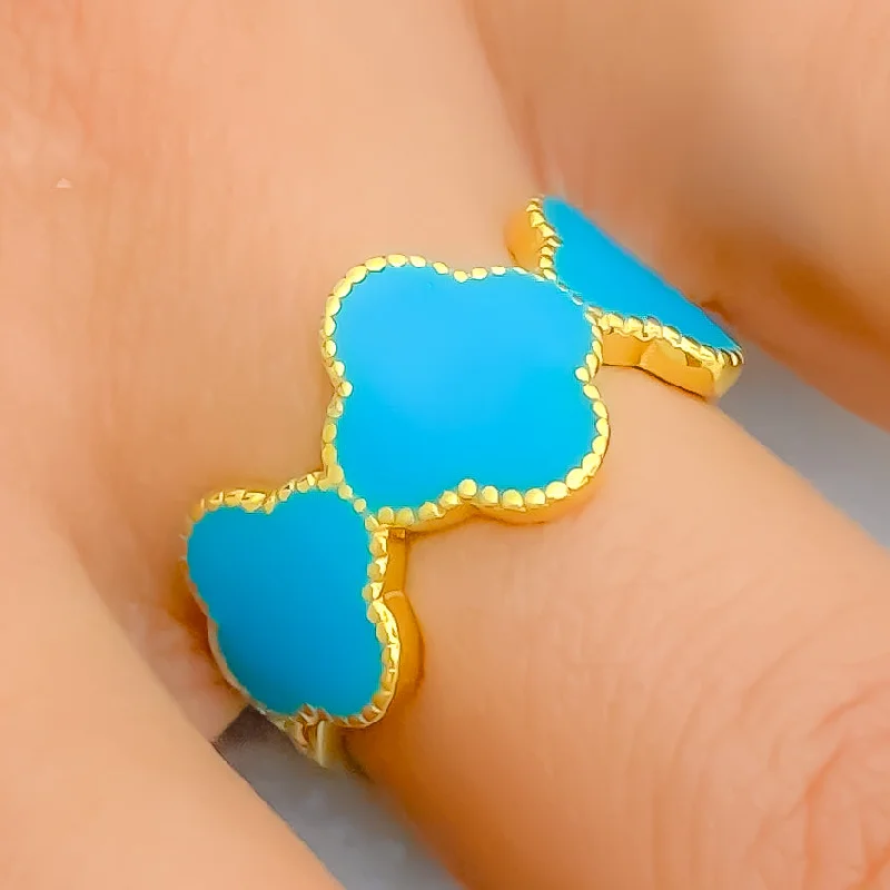 Women’s custom rings-Beautiful Charming 21K Gold Clover Turquoise Enameled Ring