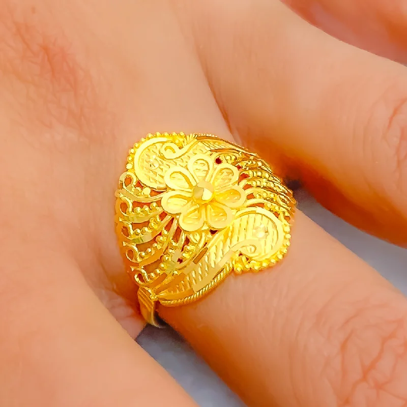 Women’s wedding ring sets-Majestic Flower Adorned 22K Gold Ring