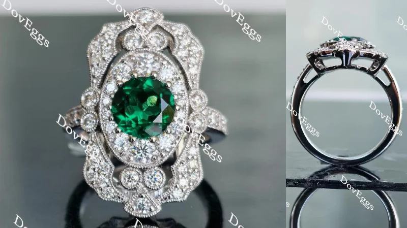 Women’s rose gold engagement rings-Doveggs round halo pave zambia emerald colored gem engagement ring