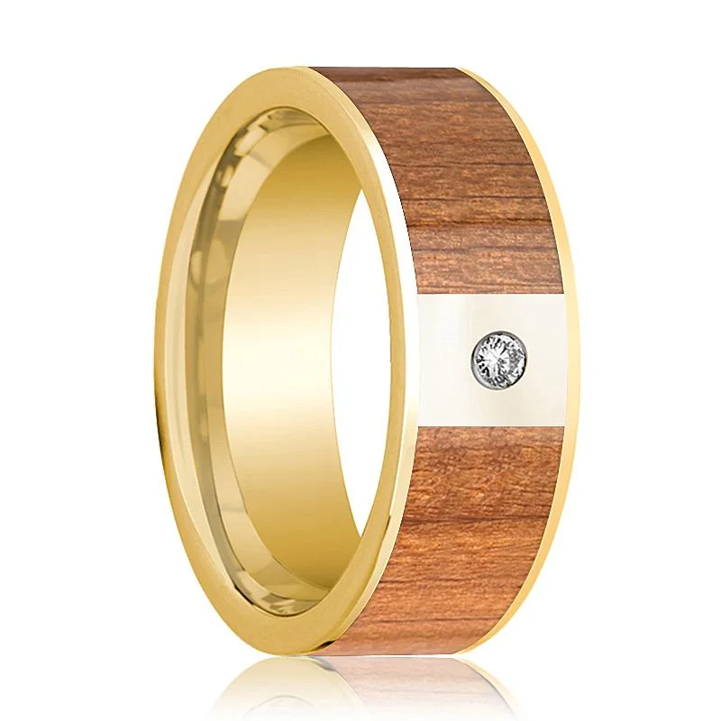 Women’s engagement rings with a vintage look-Polished 14k Gold Men's Wedding Band with Sapele Wood Inlay and Diamond - 8MM