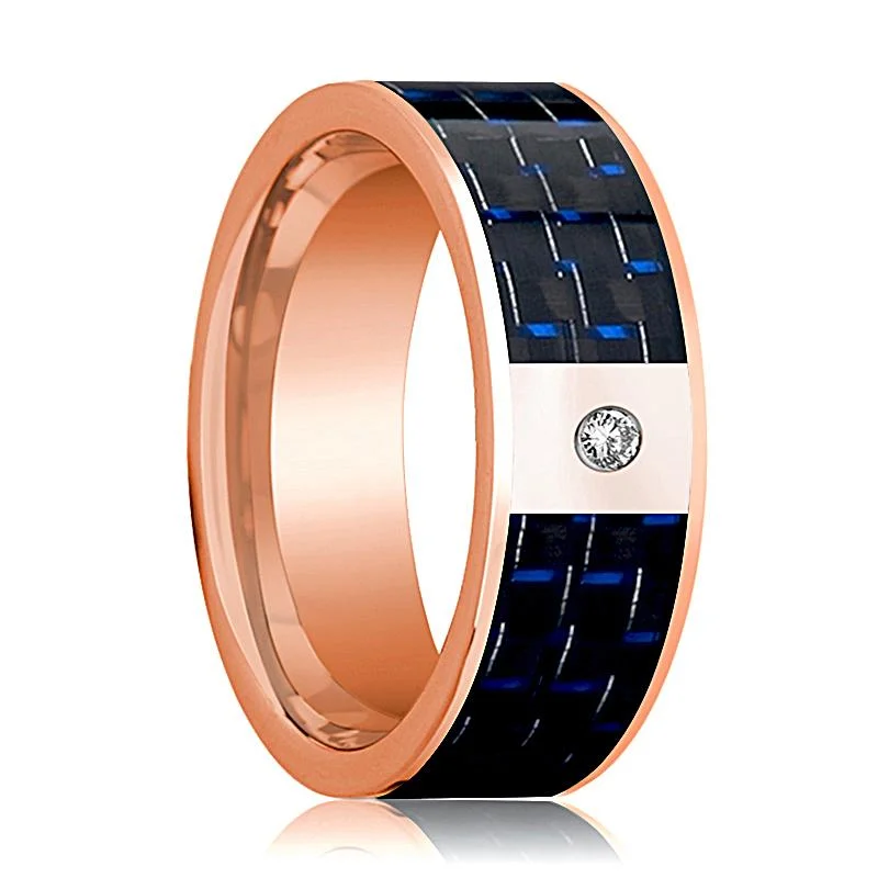 Women’s round engagement rings-Men's 14k Rose Gold & Diamond Flat Wedding Ring with Blue & Black Carbon Fiber Inlay - 8MM