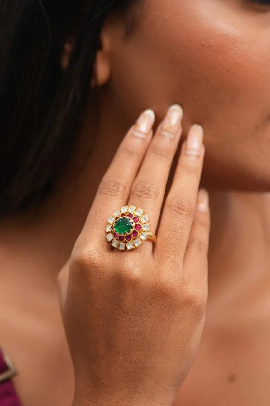 Women’s sterling silver engagement rings-Moissanite Indian Ring with Rubies & Emeralds