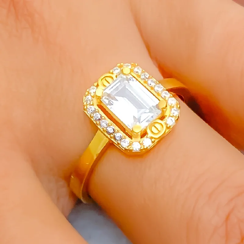 Women’s handmade rings-Bold Fancy 22k Gold CZ Ring w/ Solitaire Stone