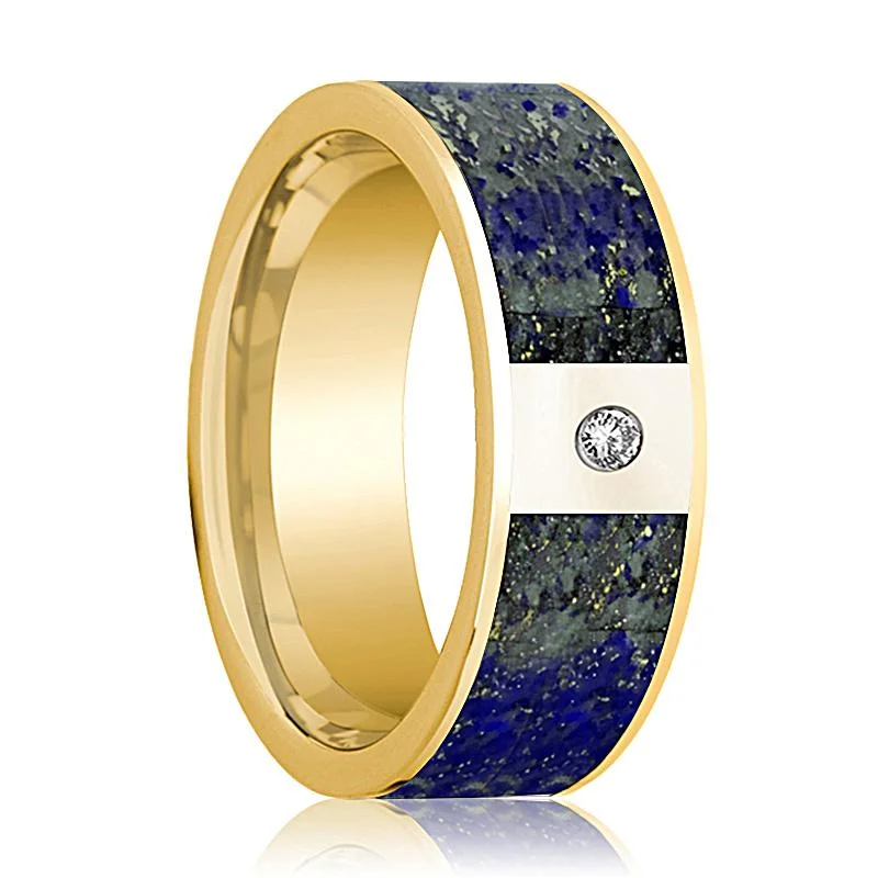 Women’s engagement rings with intricate filigree-Men's 14k Yellow Gold and Diamond Wedding Band with Blue Lapis Lazuli Inlay - 8MM