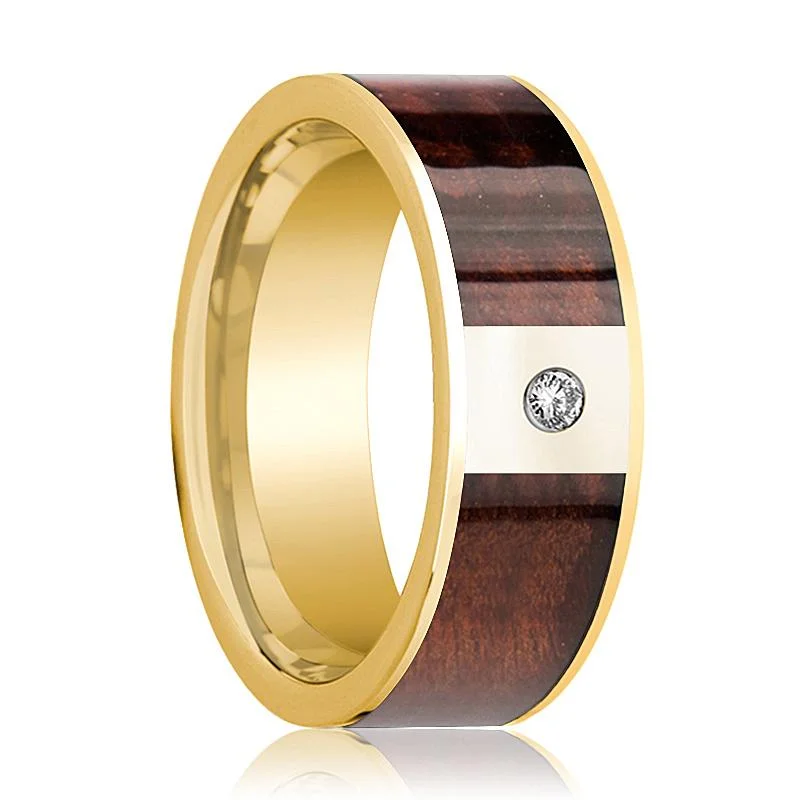 Women’s modern engagement rings-Men's Polished 14k Gold & Diamond Wedding Band with Red Wood Inlay - 8MM