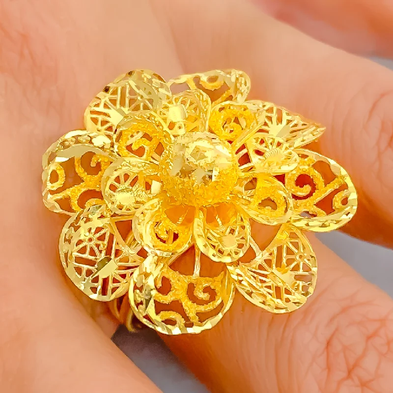 Women’s emerald rings-Sophisticated Filigree 22k Gold Flower Ring