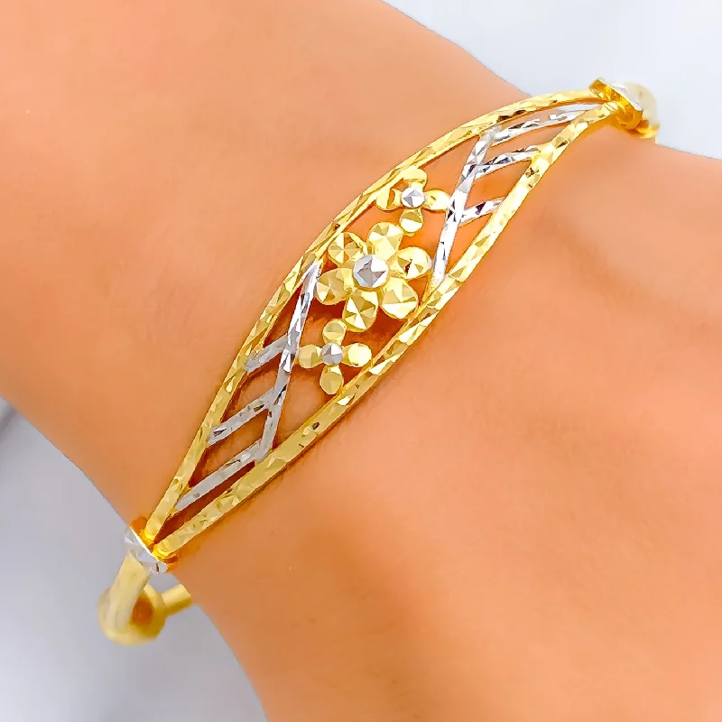 Women’s gemstone cuff bracelets-Luminescent Two-Tone 22k Gold Floral Bangle Bracelet