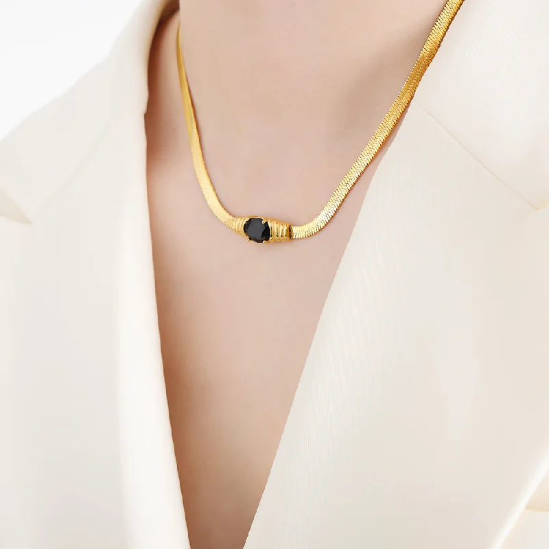 P1496-Gold Black Glass Stone Necklace-41+5cm