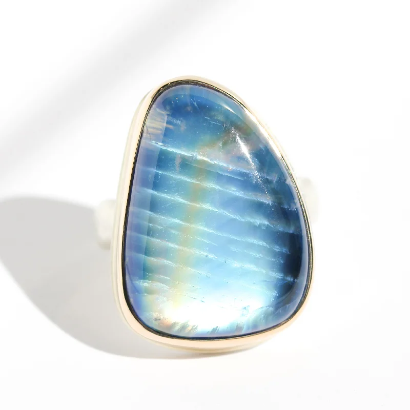 Women’s silver gemstone rings-Blue Rainbow Moonstone Ring