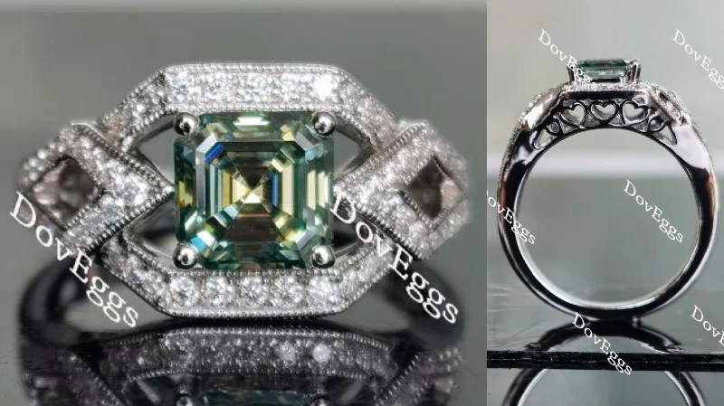 Women’s rose gold diamond engagement rings-Doveggs art deco peacock blue asscher moissanite engagement ring