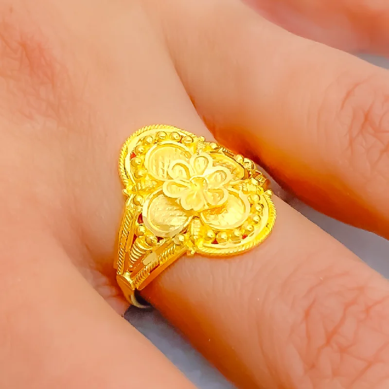 Women’s gold plated rings-Faceted Blooming Flower 22K Gold Ring