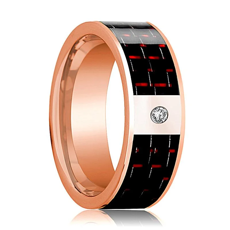 Women’s antique engagement rings-14k Rose Gold Flat Ring with White Diamond Setting & Black & Red Carbon Fiber Inlay