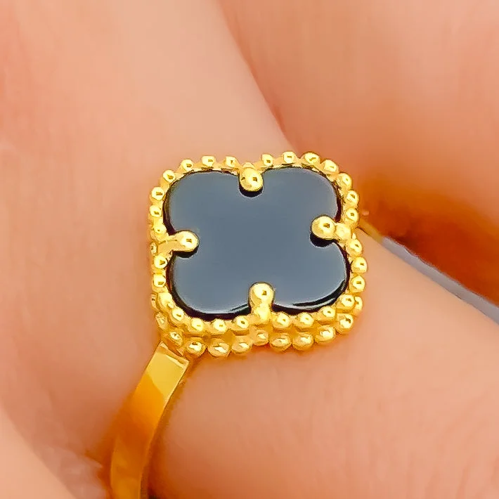 Women’s anniversary rings-Stylish Brilliant Black Onyx 21K Gold Clover  Ring - Size 6.5