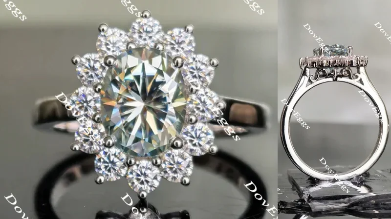 Women’s white gold engagement rings-La Reina oval Peacock blue moissanite engagement ring for women