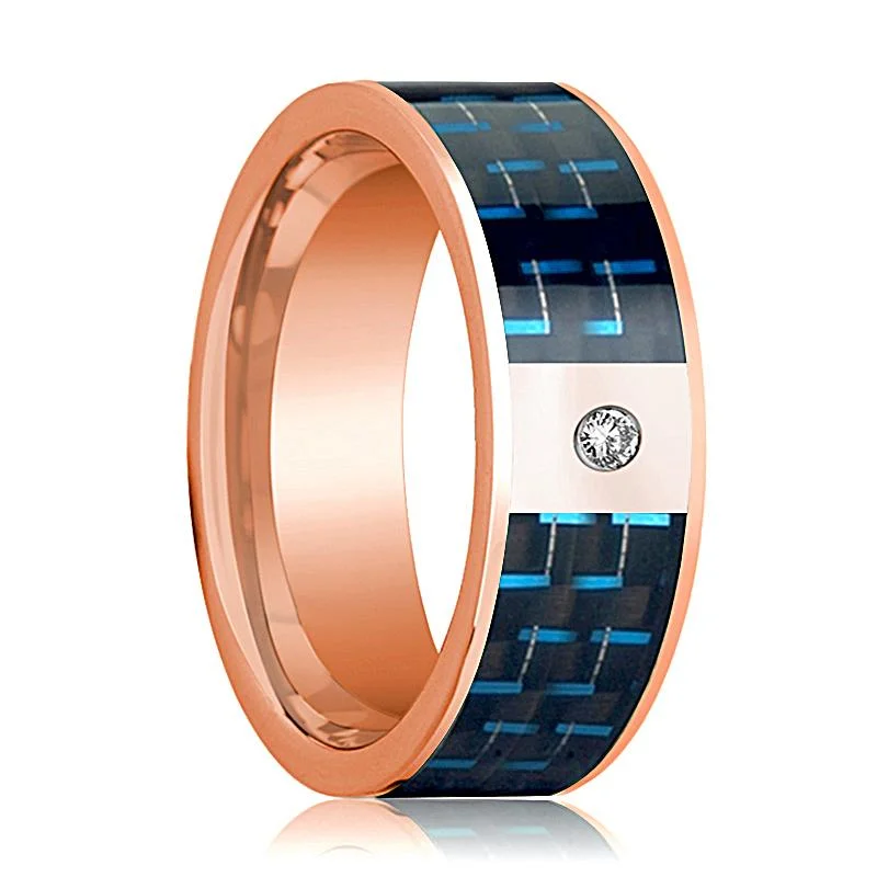 Women’s engagement rings with sapphires-Flat Polished 14k Rose Gold Men's Wedding Band with Diamond and Black & Blue Carbon Fiber Inlay - 8MM