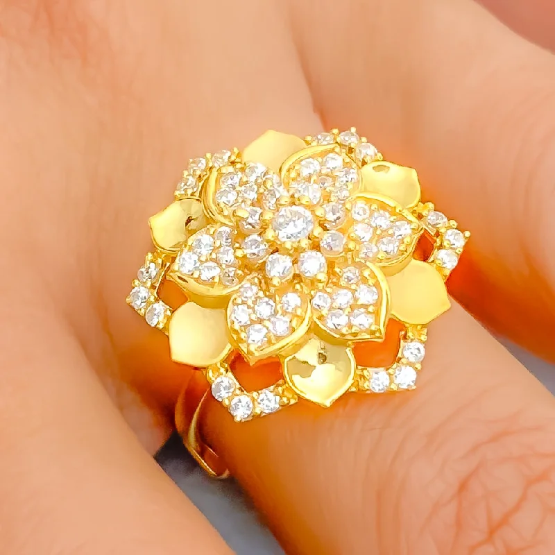 Women’s quirky rings-Royal CZ Flower 22k Gold Statement Ring