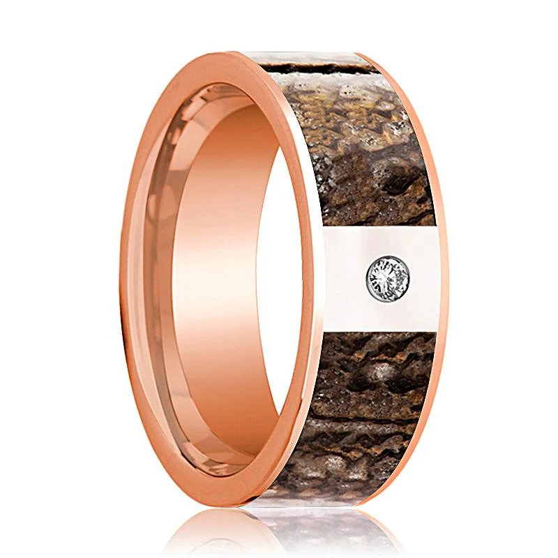 Women’s matching engagement and wedding rings-KRON | Brown Dinosaur Bone Inlay 14k Rose Gold with Diamond