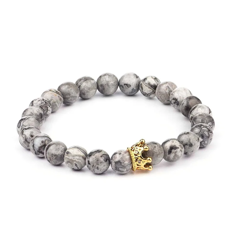 Women’s statement bangles-Gray Jasper Stone Crown Bracelets