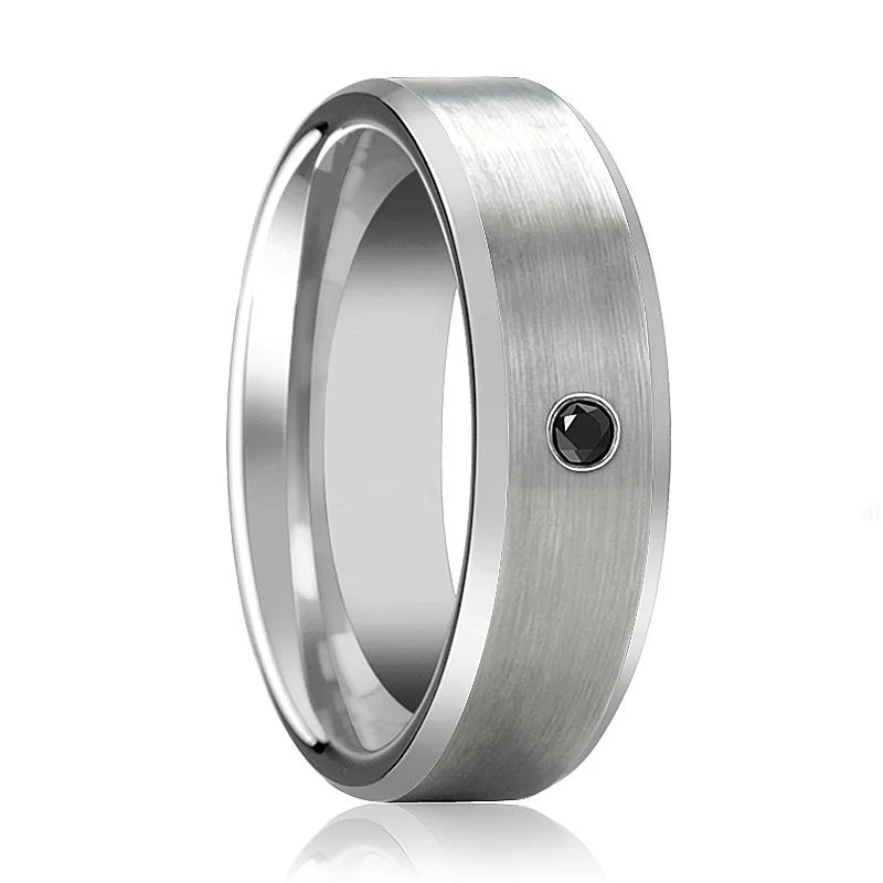 Women’s pear-shaped diamond engagement rings-RUDRA | Silver Tungsten Ring with Black Diamond