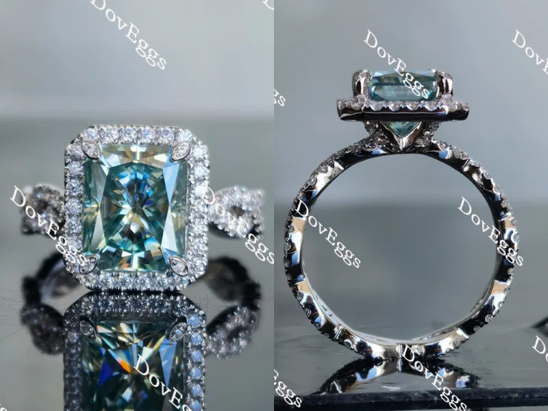 Women’s floral engagement rings-Doveggs peacock blue radiant full eternity pave moissanite engagement ring