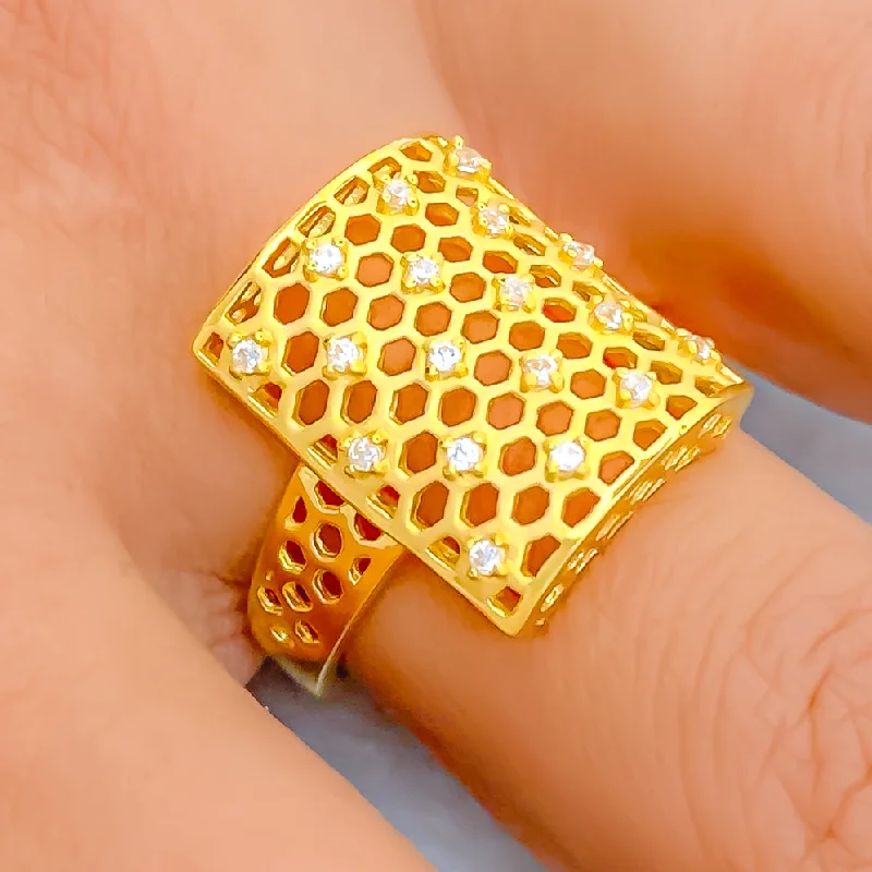 Women’s celestial rings-Unique Honeycomb 22k Gold CZ Ring