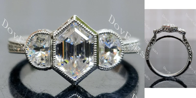 Women’s antique diamond engagement rings-Doveggs Dovie Doutch Marquise cut bezel three stones moissanite engagement ring