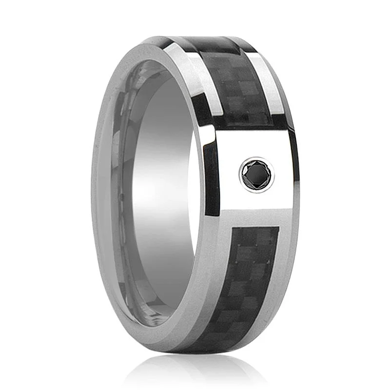 Women’s vintage-inspired engagement rings-BRAHMA | Silver Tungsten Ring, Black Carbon Fiber, Black Diamond, Beveled