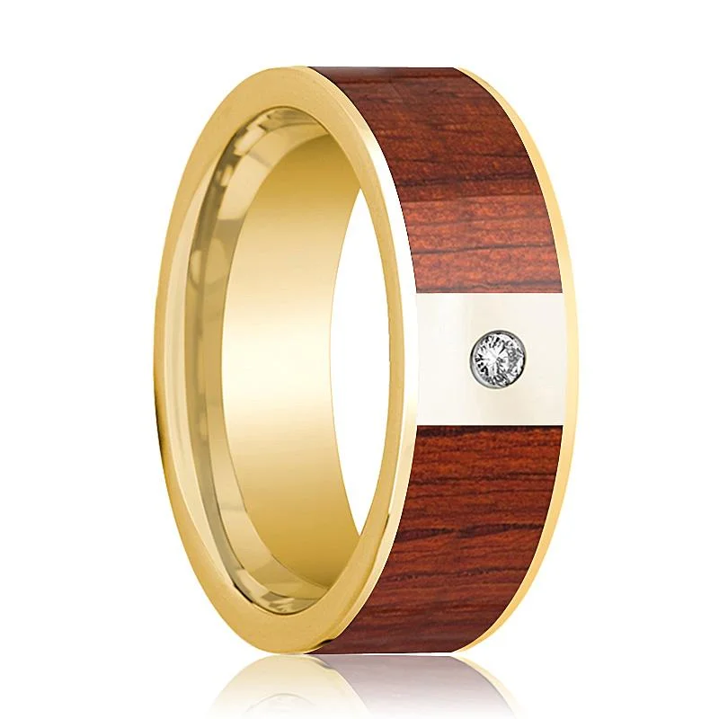 Women’s sapphire engagement rings-Men's 14k Gold Wedding Band with White Diamond in Center and Padauk Wood Inlay - 8MM