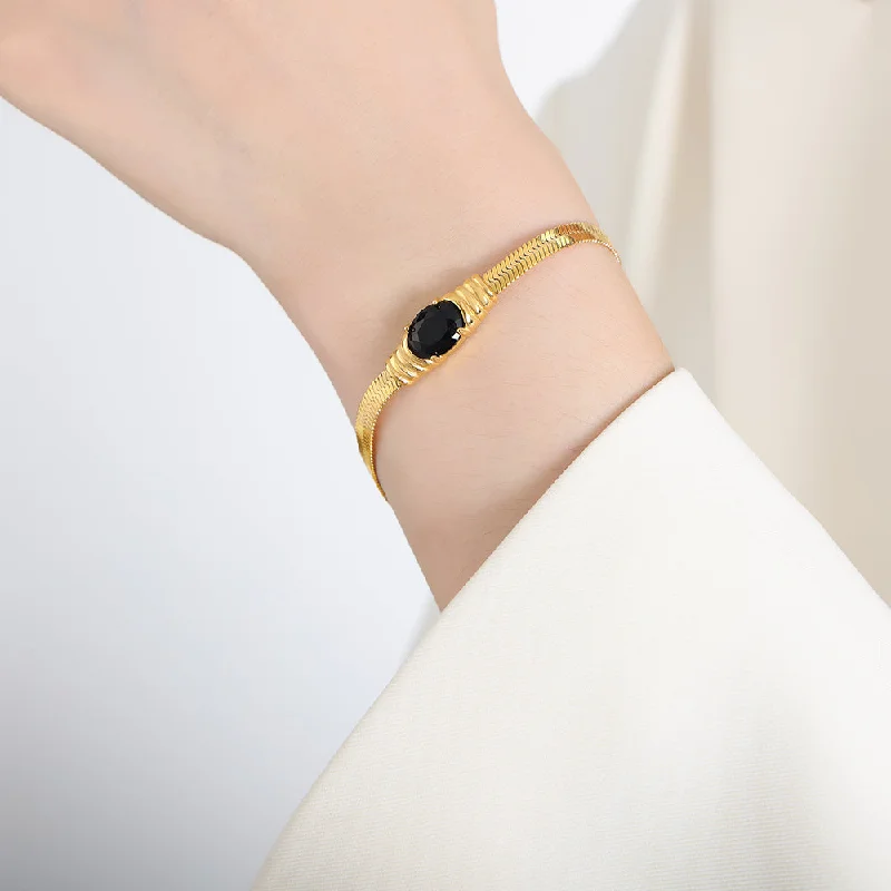 E433-Gold Black Glass Stone Bracelet-17+3cm